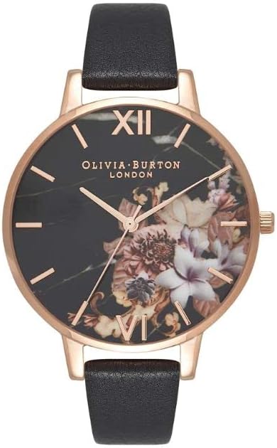 Olivia Burton OB16CS01 Women's Analogue Quartz Watch with Black Leather Strap, Black/Floral, Bracelet