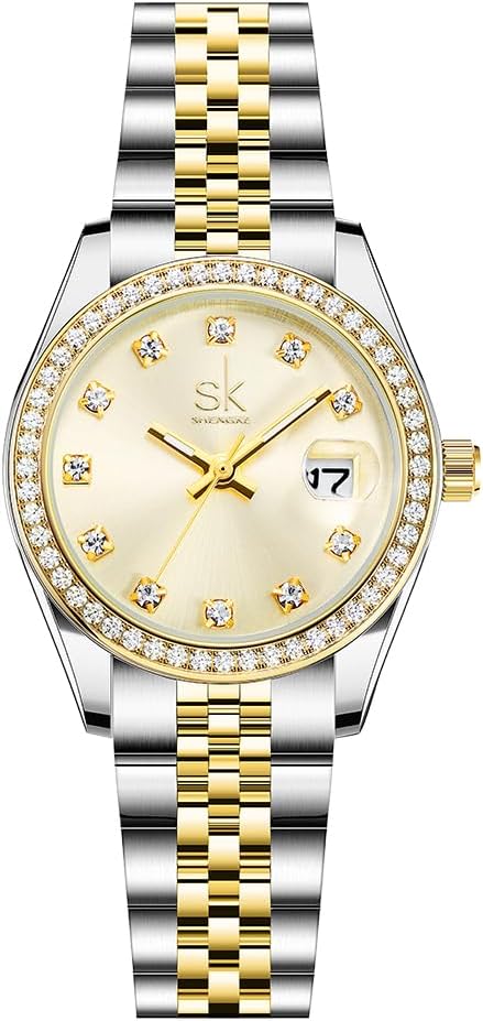 SHENGKE Women's Crystal Accented Band Solid Steel Alloy Watch Elegant Dress Quartz Calendar Watches for Women