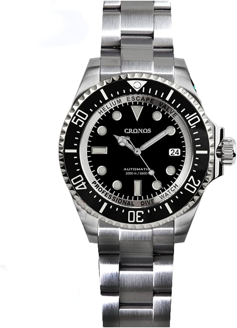 Cronos Automatic Diver Watch Stainless Steel Sapphire Glass 3000 Metres Water Resistance Wrist Watches, Black, bracelet