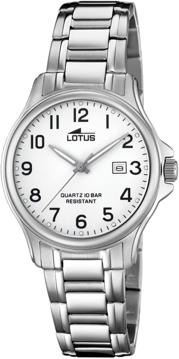 LOTUS Women's Analogue Watch 316L Stainless Steel Silver – Quartz Movement – High Resistance Mineral Glass – Waterproof 10 ATM – Calendar 18655/1