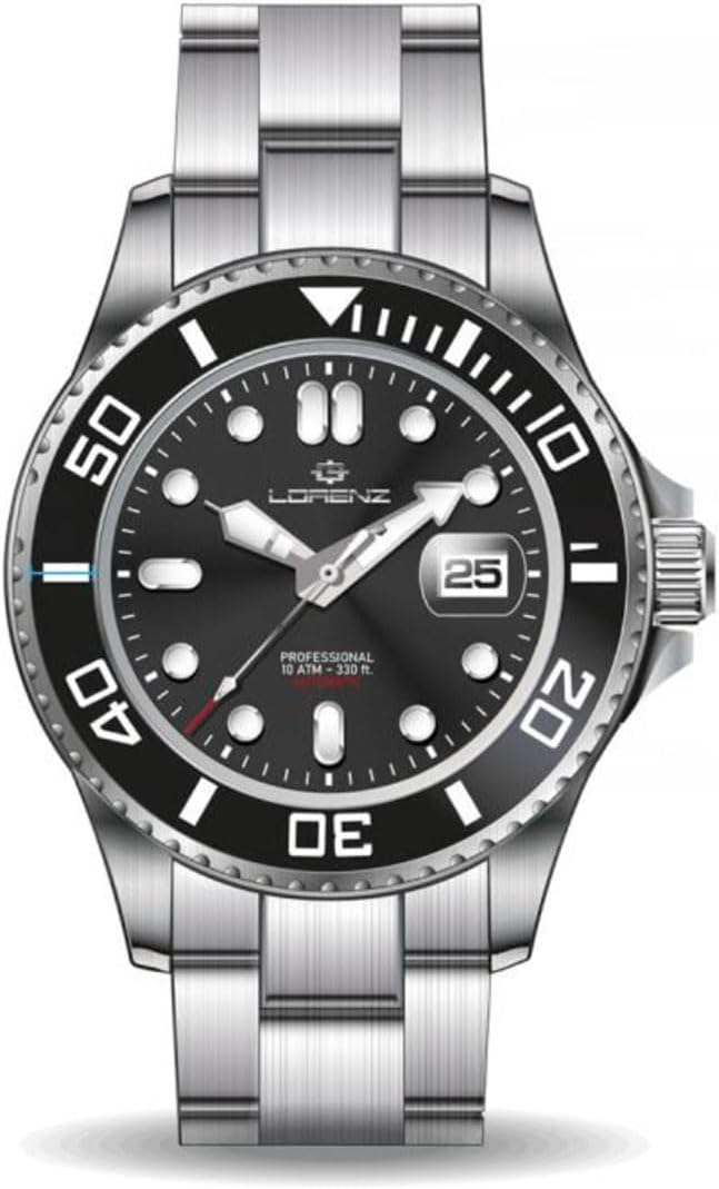 Lorenz Diver 26168EE automatic men's watch in stainless steel sub 100 m, Black, Modern