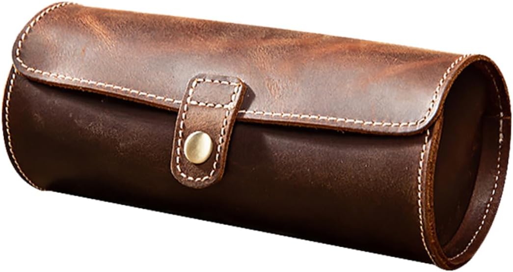 VANZACK Genuine Leather Watch Box 3 Seater Travel Case Round Compact Lightweight Jewel Roll Case for Home and Travel Watches