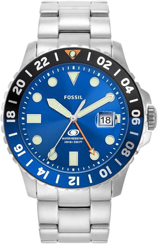 Fossil Blue Men's Watch GMT Movement with Stainless Steel Bracelet or Leather Strap