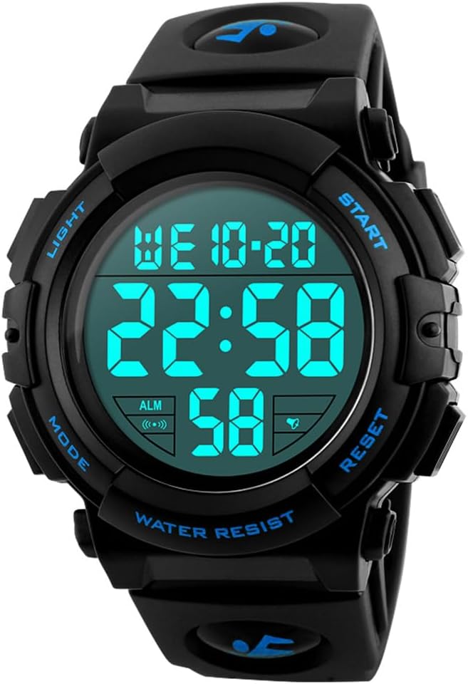 Mens Digital Sports Watch Outdoor Running 5ATM Waterproof Military Sports Watch Wide Strap LED Watch with Alarm, blue, Strap