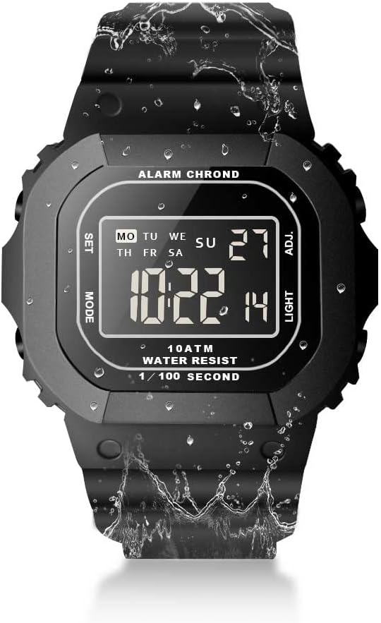 Men's Waterproof 10 Atmospheres Wrist Watch for Diving and Freediving with Stopwatch, Backlight, Alarm, Chronograph, Timer, Dual Timer, Calendar, 12 or 24 Hours Format, Black, strap