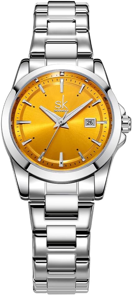 SHENGKE Women's Minimalist Quartz Watches with Date Stainless Steel Bracelet and Fashion Colorful Dial