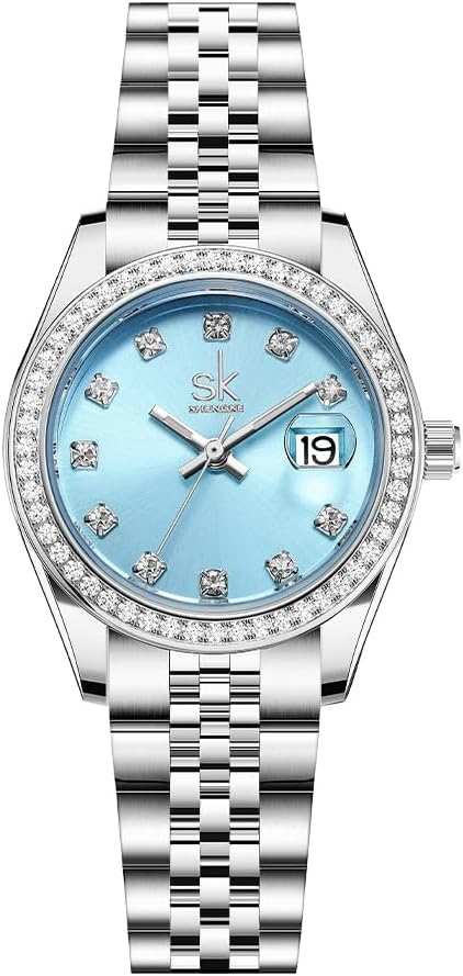 SHENGKE Women's Crystal Accented Band Solid Steel Alloy Watch Elegant Dress Quartz Calendar Watches for Women