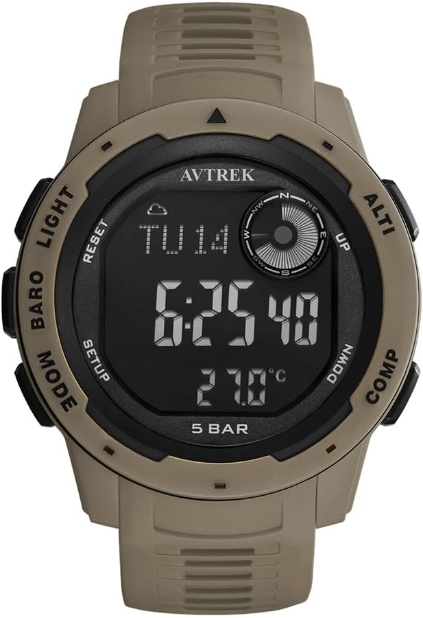 AVTREK Waterproof Digital Watch Outdoor Sports Military Watch with Pedometer, Altimeter, Compass, Perfect for Men Women Teens (Brown)