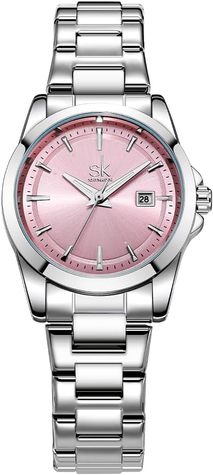 SHENGKE Women's Minimalist Quartz Watches with Date Stainless Steel Bracelet and Fashion Colorful Dial