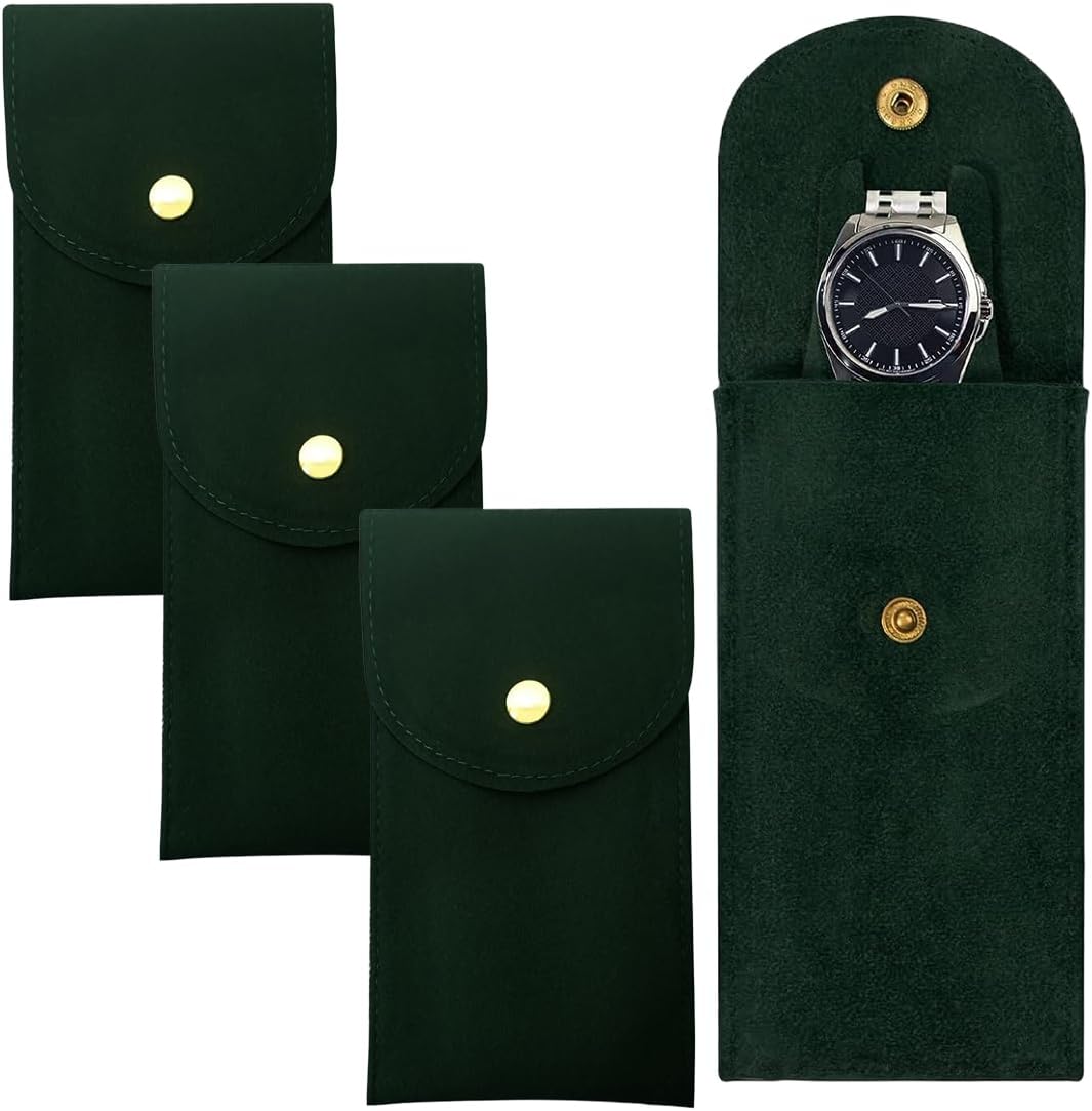 3 Pieces Portable Travel Watch Case Watch Bag, Storage Watch Bag with Push Button Durable Case for Outdoor Travel Jewelry (Dark Green)
