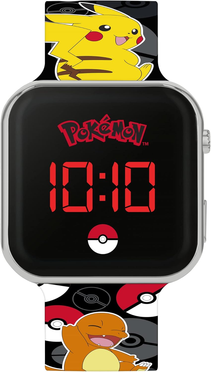 Pokemon POK4322 Boys Digital Quartz Watch with Silicone Strap, Black Printed, Strap