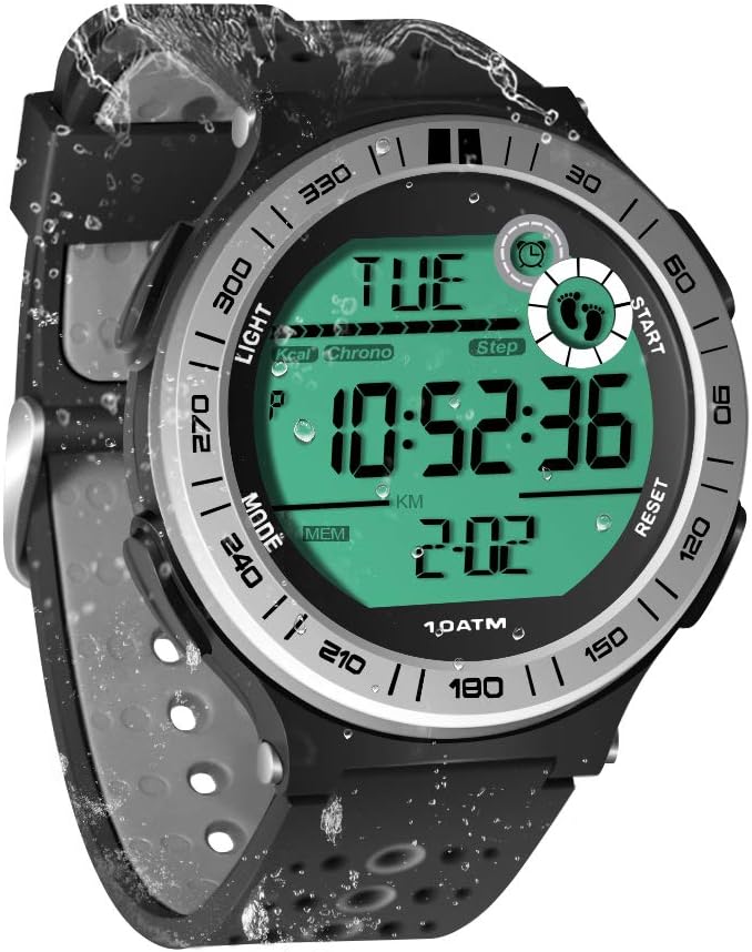 Men's Sports Watch Waterproof 10 Atmospheric Pedometer Fitness Watch for Diving and Freediving with Stopwatch Lap, Timer, Alarm Clock