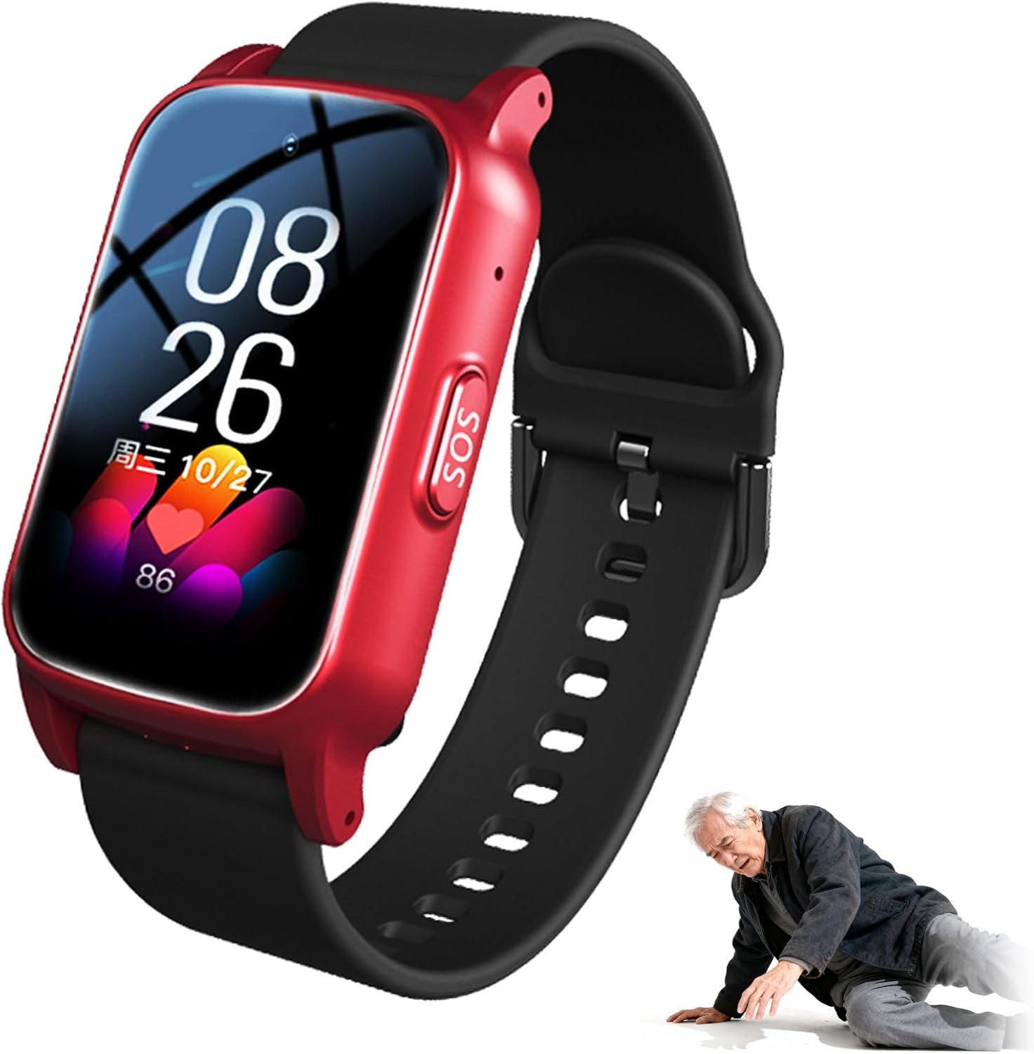 Orologio Salvavita Anziani smartwatch Personale Anticaduta Rilevamento Cadute Localizzazione GPS Notifica di Caduta per Smartphone S5-Red