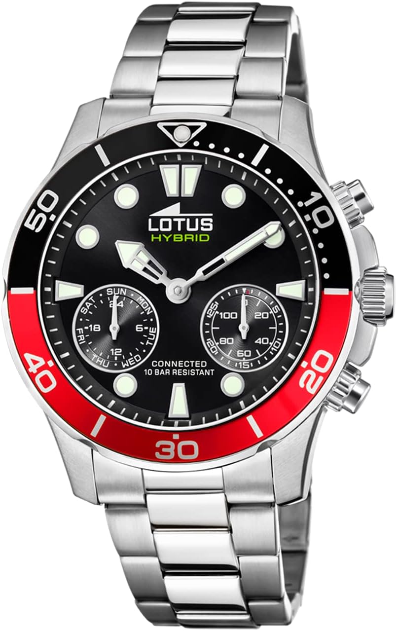 Lotus Model 18800/5 Connected Collection Watch, 44.5 mm Case, Black with Steel Strap for Men, Solid Color, Bracelet