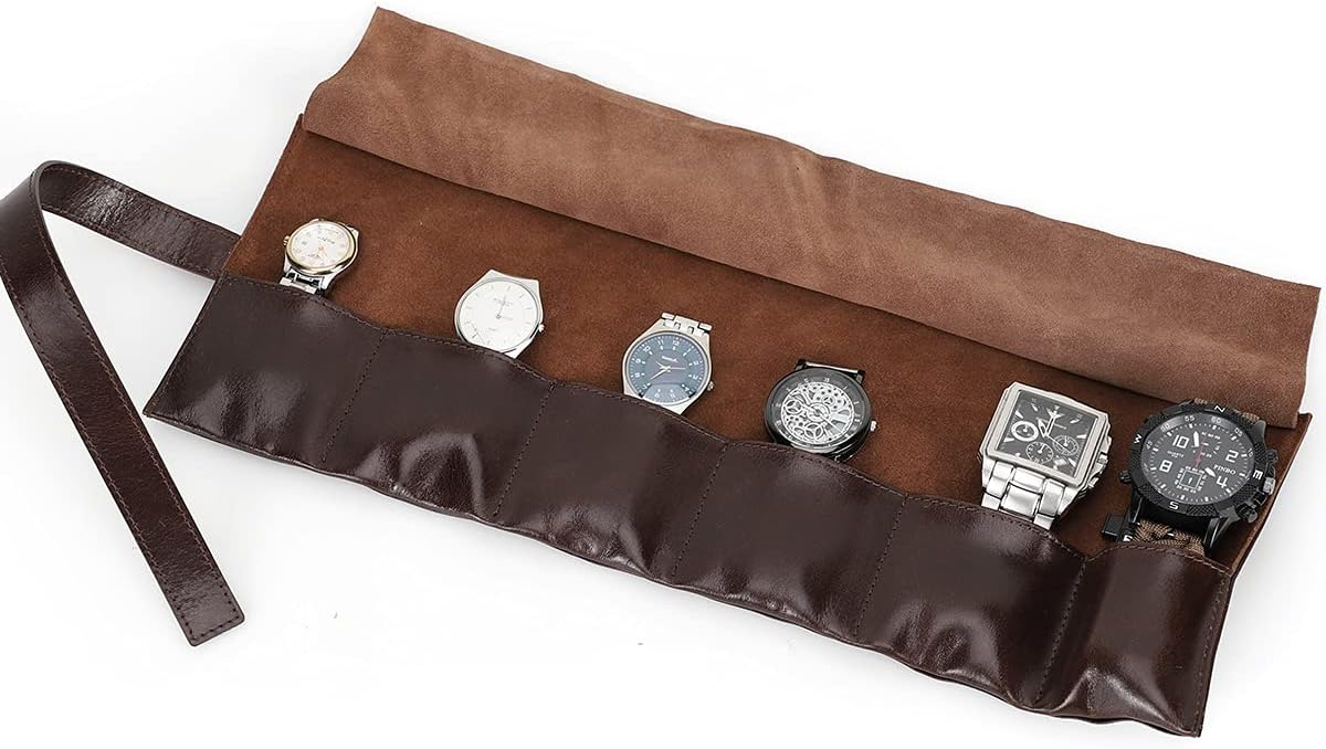 Genuine Leather Watch Roll, Portable Watch Organizer with 6 Compartments, Travel Case for Men Watches, Vintage Storage Box (Coffee)