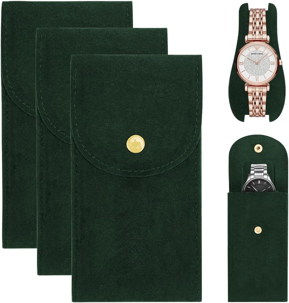 CATOR 3 Pieces Travel Watch Case, Portable Watch Bag, Watch Storage Bag with Push Button Case, Flannel for Outdoor Travel (Dark Green)