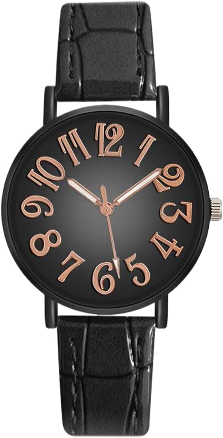 Women Casual Watch Minimalist Big Dial Second Hand Arabic Numerals Small Wrist Watch Leather Band Big Dial