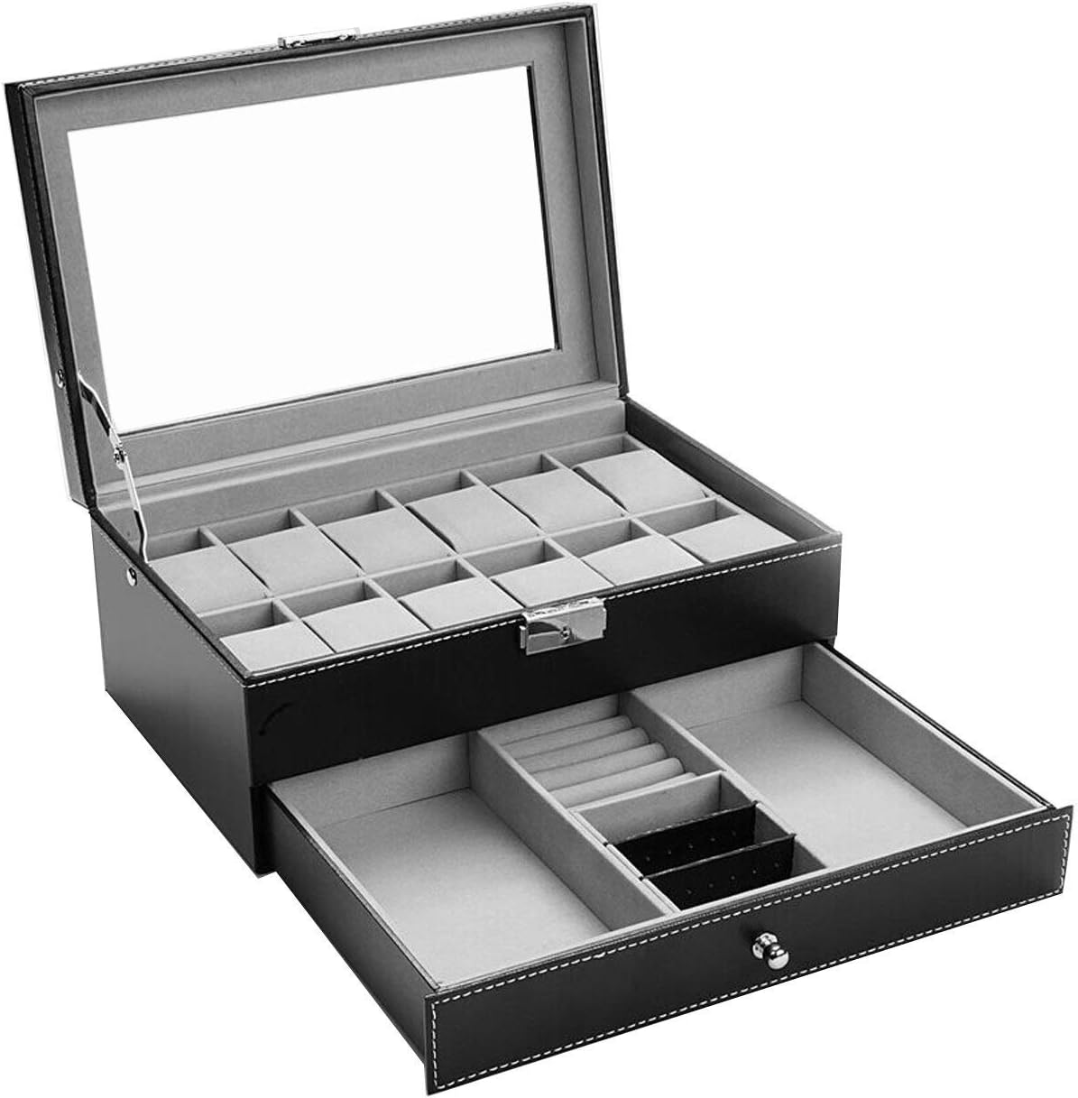 autoark-aw-001-watch-box-case-for-12-watches-and-jewellery-leather-with-drawer-transparent-glass-black-aw-001