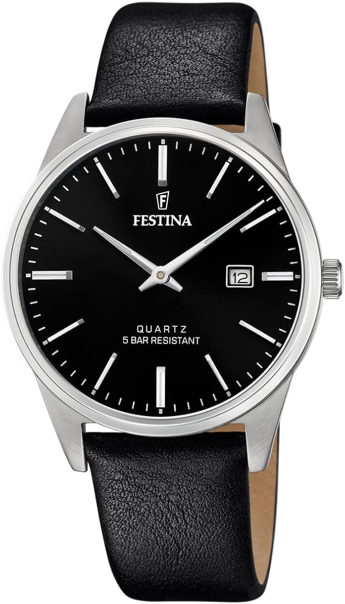 Festina Men's Analogue Watch with Black Leather Strap – Quartz Movement – Calendar – High Resistance Mineral Glass – Waterproof 5 ATM – Elegant F20512/4