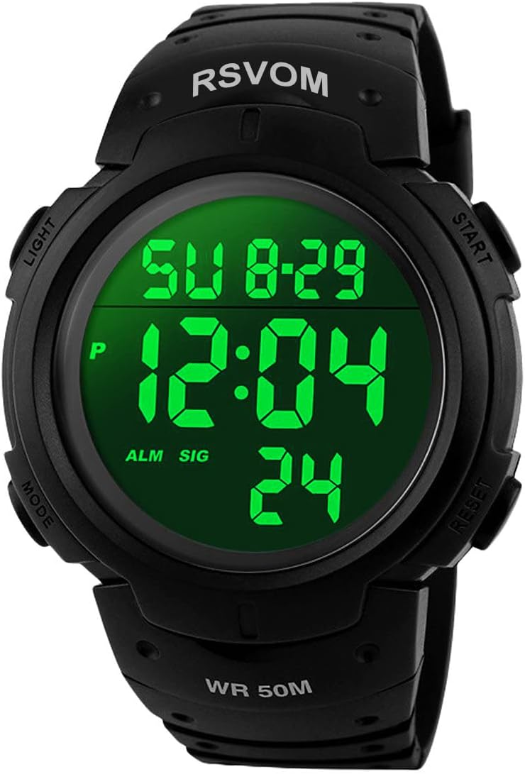 Mens Digital Sports Watch 5ATM Waterproof Sports Watch with Alarm Black Running Military Big Dial Wrist Watch