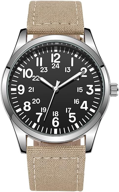 Men Watch Air Force Field Watch Fabric Strap 24 Hours Display Japan Quartz Movement 42mm Dial