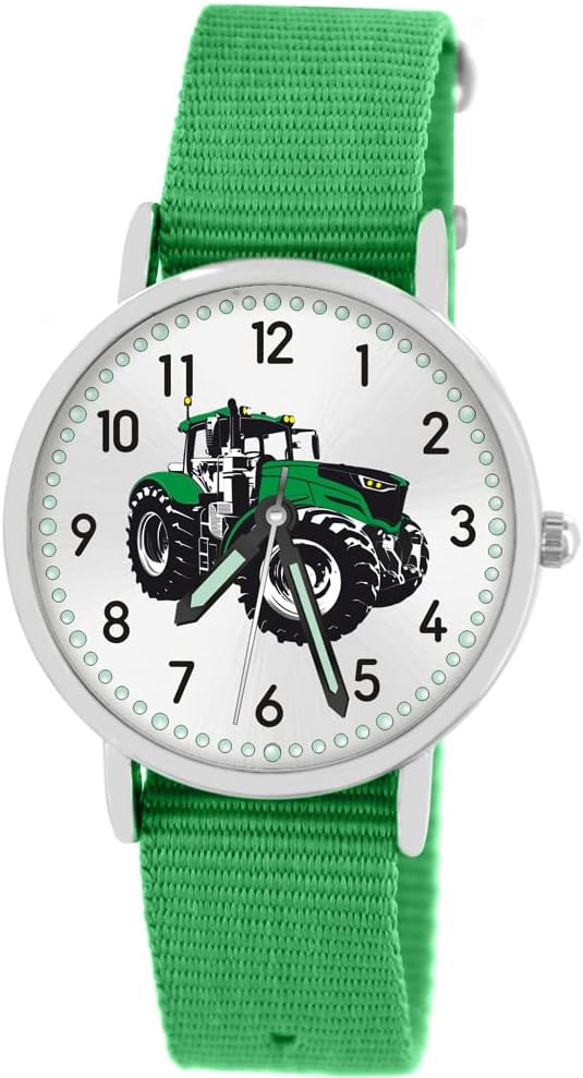 Pacific Time Children's Green Tractor Watch with Fabric Strap Luminous Hands Analogue Quartz, 87635 - Green, Strap