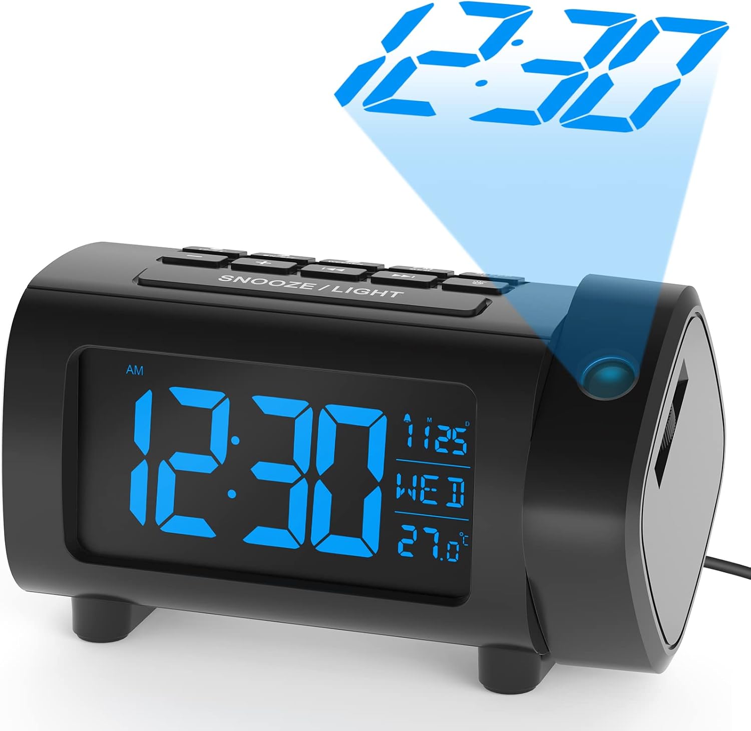 LIORQUE Alarm Clock with Projector Digital Bedside Alarm Clock VA Display with Dimmer Snooze Weekend Mode Large Numbers Temperature Date Daylight Saving Time USB Port