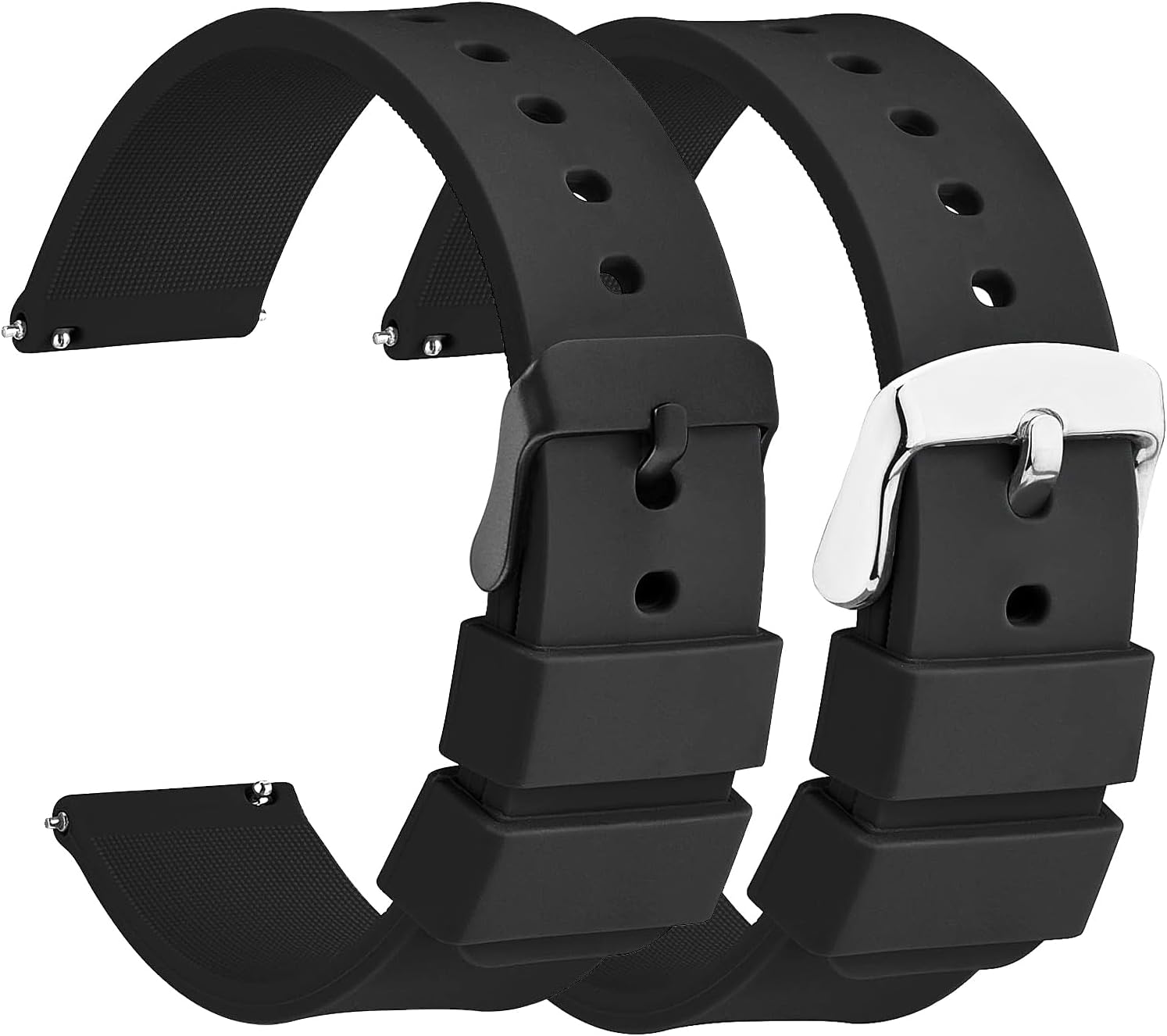 2 x Smart Watch Straps, Replacement Smart Watch Strap Replacement Strap for Smartwatch, Quick Clasp, Silicone Waterproof Strap with Black Silver Stainless Steel Buckle