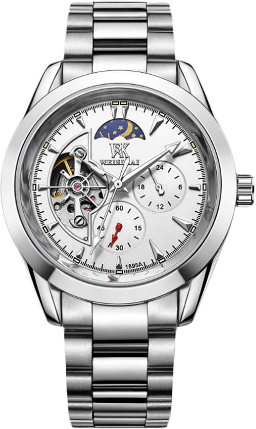 RORIOS Fashion Men's Luminous Automatic Mechanical Watch with Stainless Steel Strap Skeleton Wrist Watch