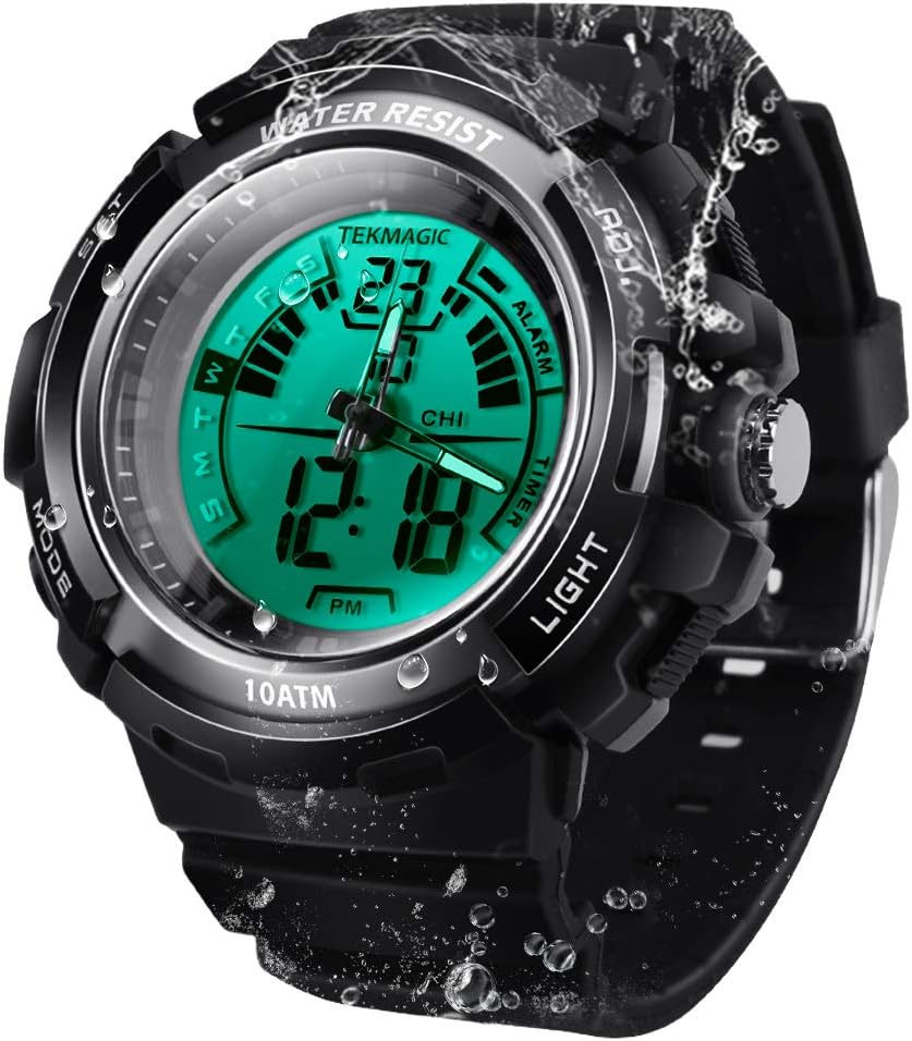 100 m Underwater Self-Breathing Unisex Diver Waterproof Watch with Stopwatch and Alarm Functions, Analogue and Digital Movements, Dual Time Vision, 12/24 Hour Format