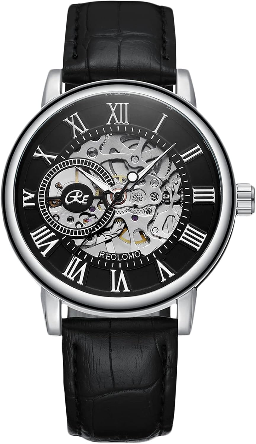 RORIOS Men's Watch Automatic Mechanical Watch Luminous Pointer with Skeleton Leather Strap Wrist Watch, Black Silver, Minimalist