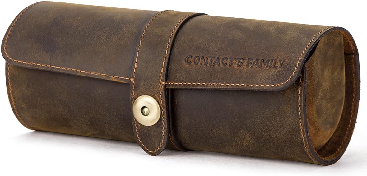 Contacts, Leather Watch Case Cylindrical Protective Business Travel Display Case for 3 Watches Brown