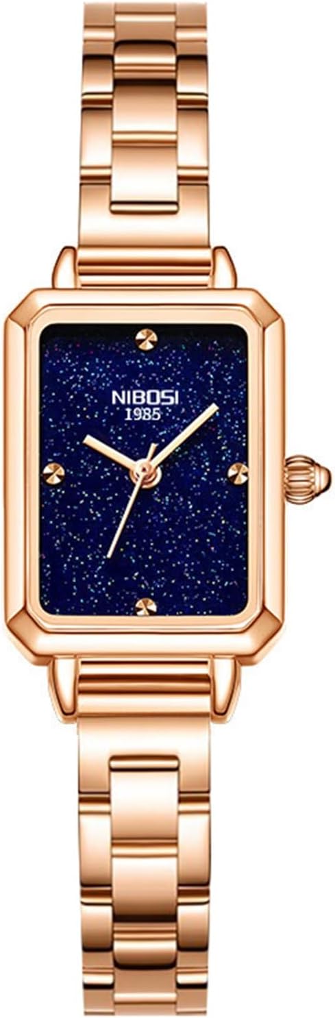 NIBOSI Women's Watch, Starry Blue Dial, Rectangle Case, Rose Gold Steel Strap, Waterproof, Quartz, Elegant, Stylish, Fashion, Casual, Analog, Chic,, blue, Modern
