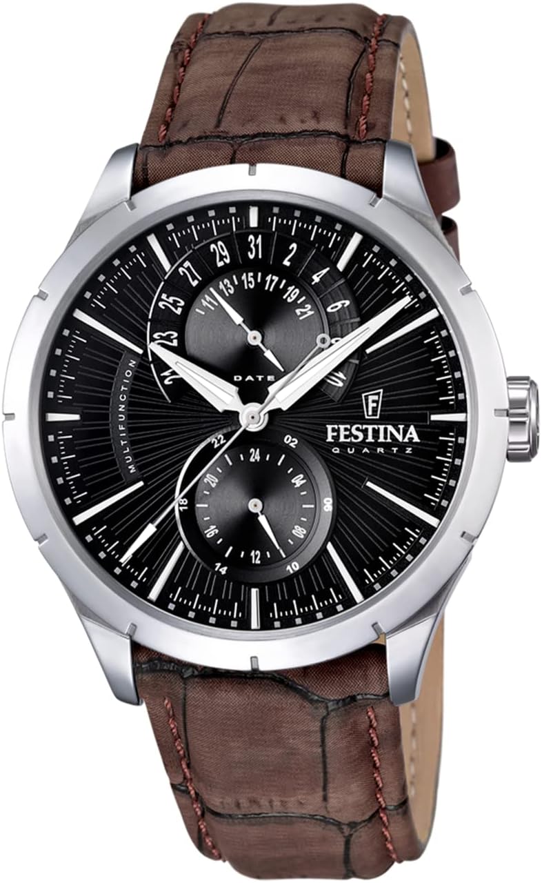 Festina F16573/4 Men's Analogue Brown Leather Watch – Quartz Movement – High Resistance Mineral Glass – Waterproof 5 ATM – Elegant and Classic – Multifunction