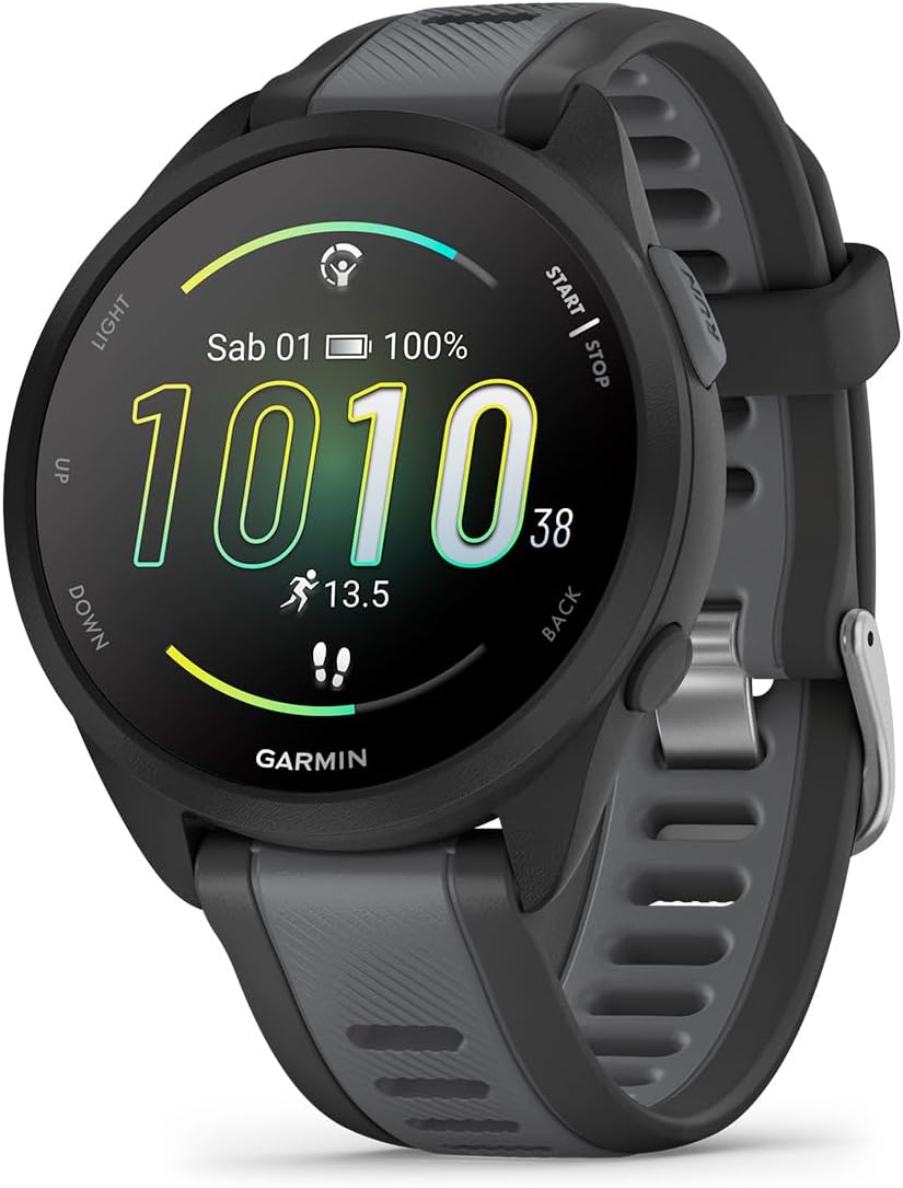 Garmin Forerunner 165 Running Smartwatch 43mm GPS Cardio VO2max Morning Report HRV Status Free Plans 5K 10K 21K Training Readiness GarminPay (Black & Slate Gray)