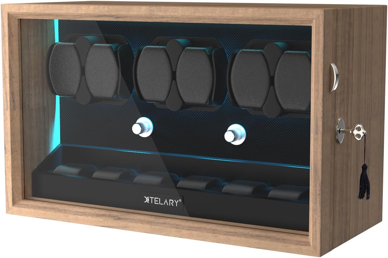 XTELARY Automatic Watch Winder for 4/6/8/12 Watches, Automatic Lockable Winder with Extra Compartments for Watches, 4 Rotating Modes, Flexible Watch Cushions and Blue Light