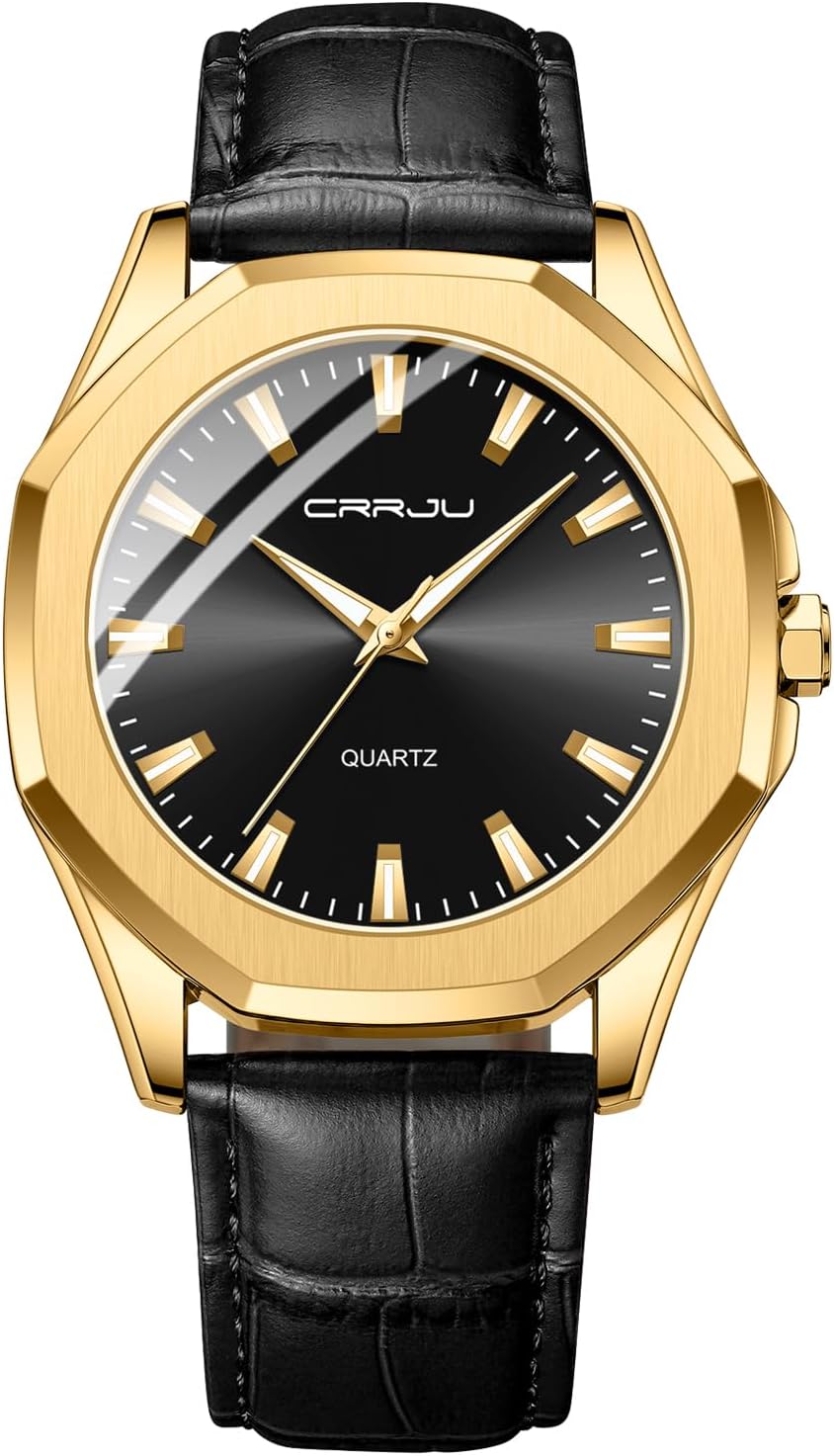 CRRJU Mens Watches Waterproof Wrist Watch Men Black Leather Strap Analog Quartz Luxury