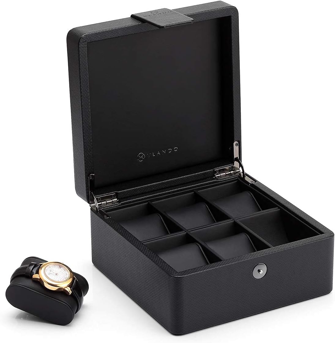 Vlando Watch Box with 6 Compartments with Greeting Card, Gift Idea, Faux Leather Lining, with Pads, Gift for Dad(Black)