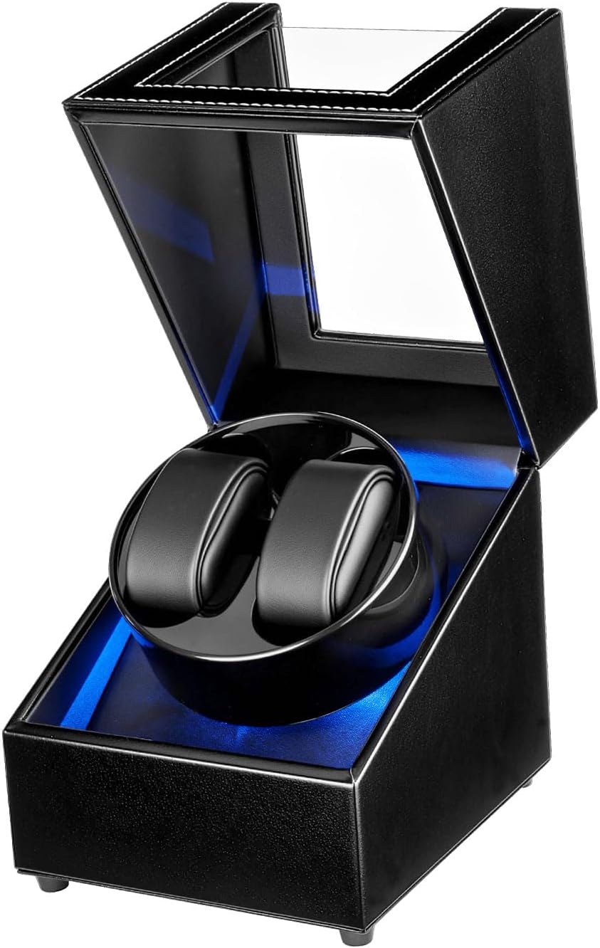 Watch Winder with LED Light, 2 Watches Watch Winding Box, Type C Charging Clock, Automaticiper, Dual Time Box for Rotating PU Watches – Black