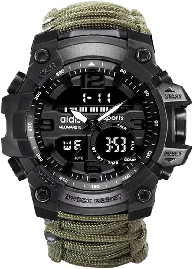 Unisex Digital Wrist Watch, Military Tactical Sports Emergency Watches with Parachord/Whistle/Firelighter/Scraper/Compass and Thermometer, Outdoor Equipment 6 in 1