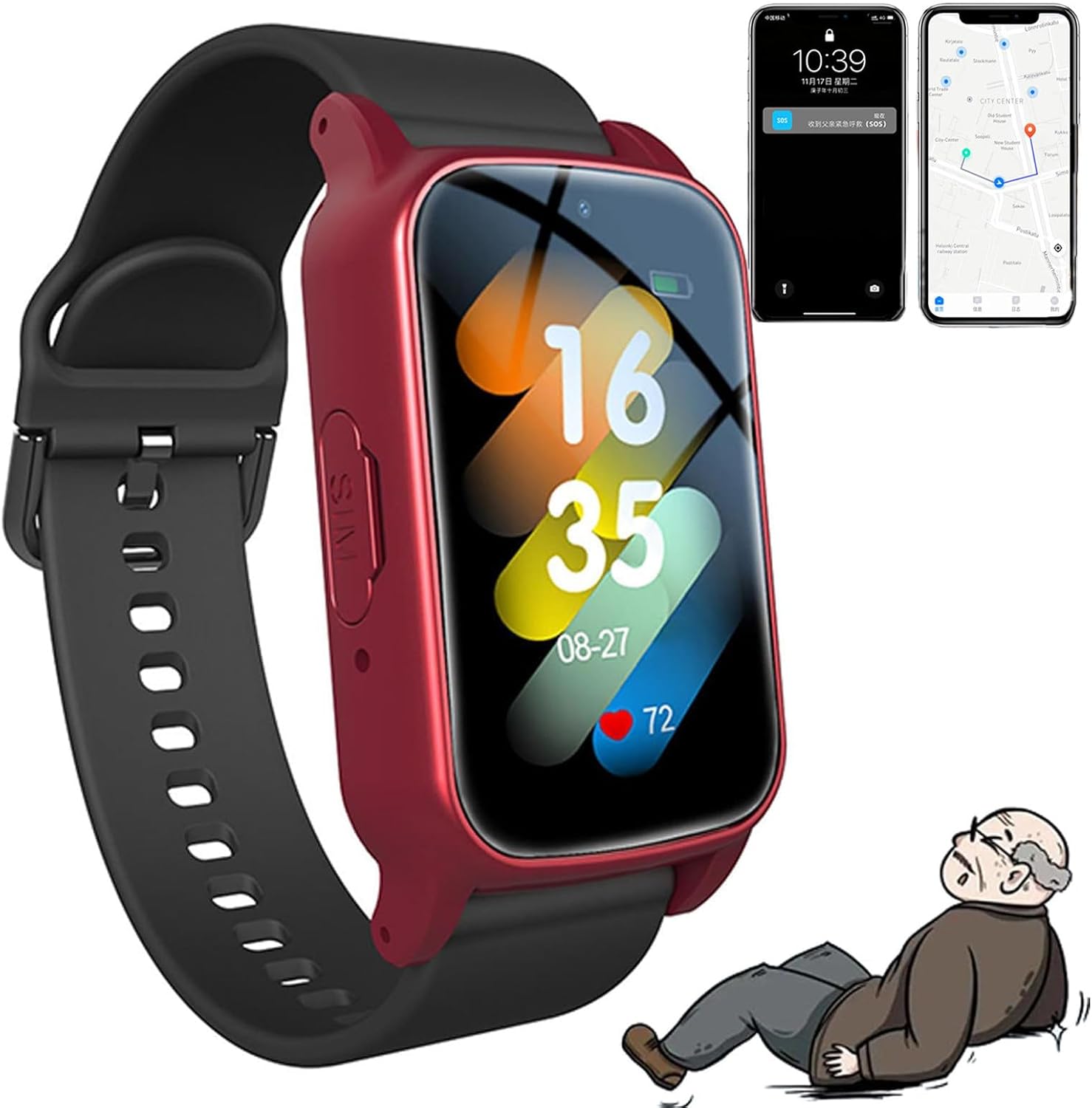 Elderly Anti-Fall Watch with GPS | SOS Button | HD Phone | Health Monitoring | Auto Response, Fall Reminder, for Alzheimer's and Dementia Patients Red