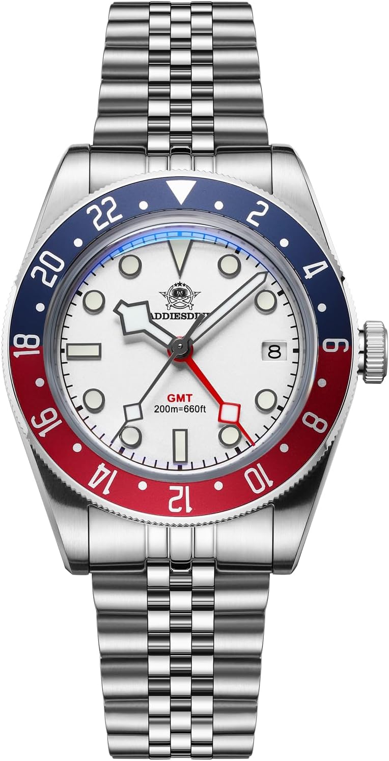 ADDIESDIVE GMT Men's Watches Swiss Quartz Movement Diver 200M Waterproof Multicolour Luminous Dial
