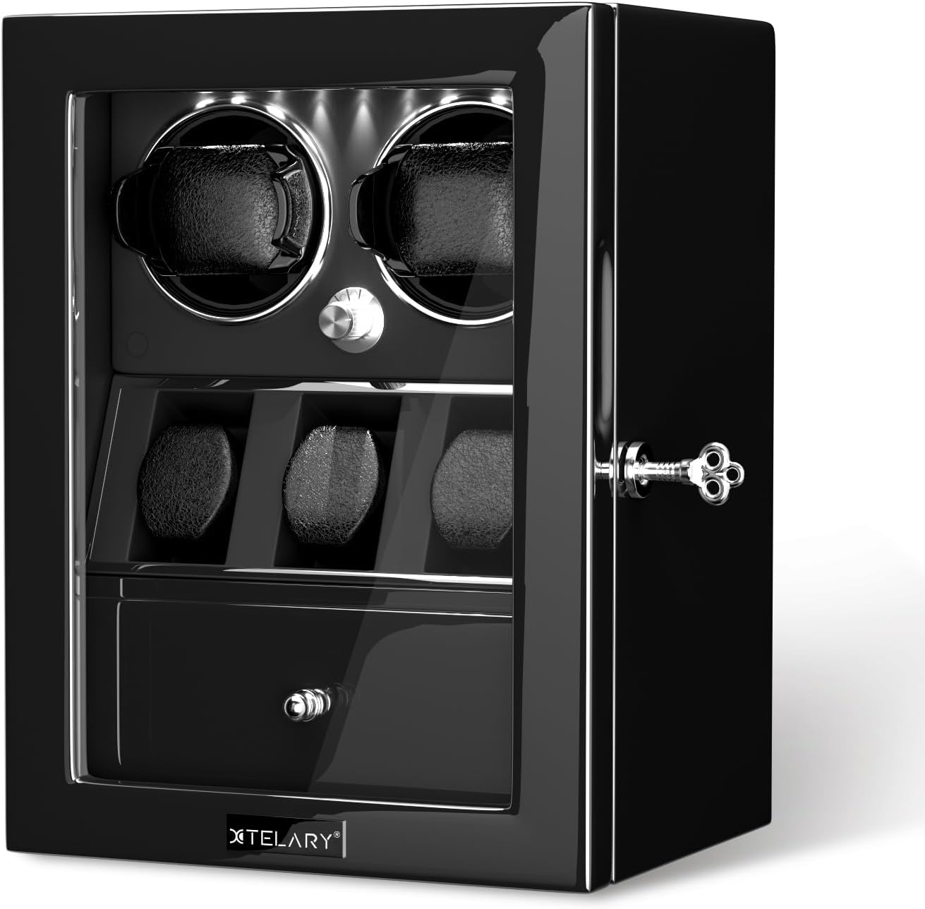 XTELARY Black Lockable Watch Winder for 2/4/6/8 with 3/6 Memory Slots, Storage Drawer, 4 Rotation Modes, White LED Light, Super Quiet Motor