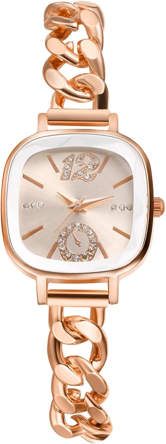 JewelryWe - Women's Stainless Steel Chain Strap Square Dial Quartz Watch Gift for Her
