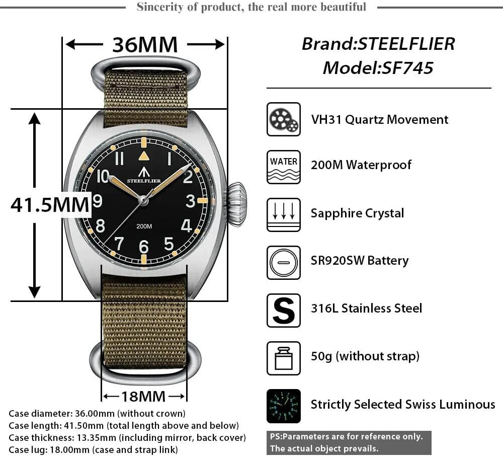 London Craftwork STEELFLIER 36MM Field Pilot SF745 Swiss Luminous Quartz Watch 200 m Silent Movement, Black, Black, Strap
