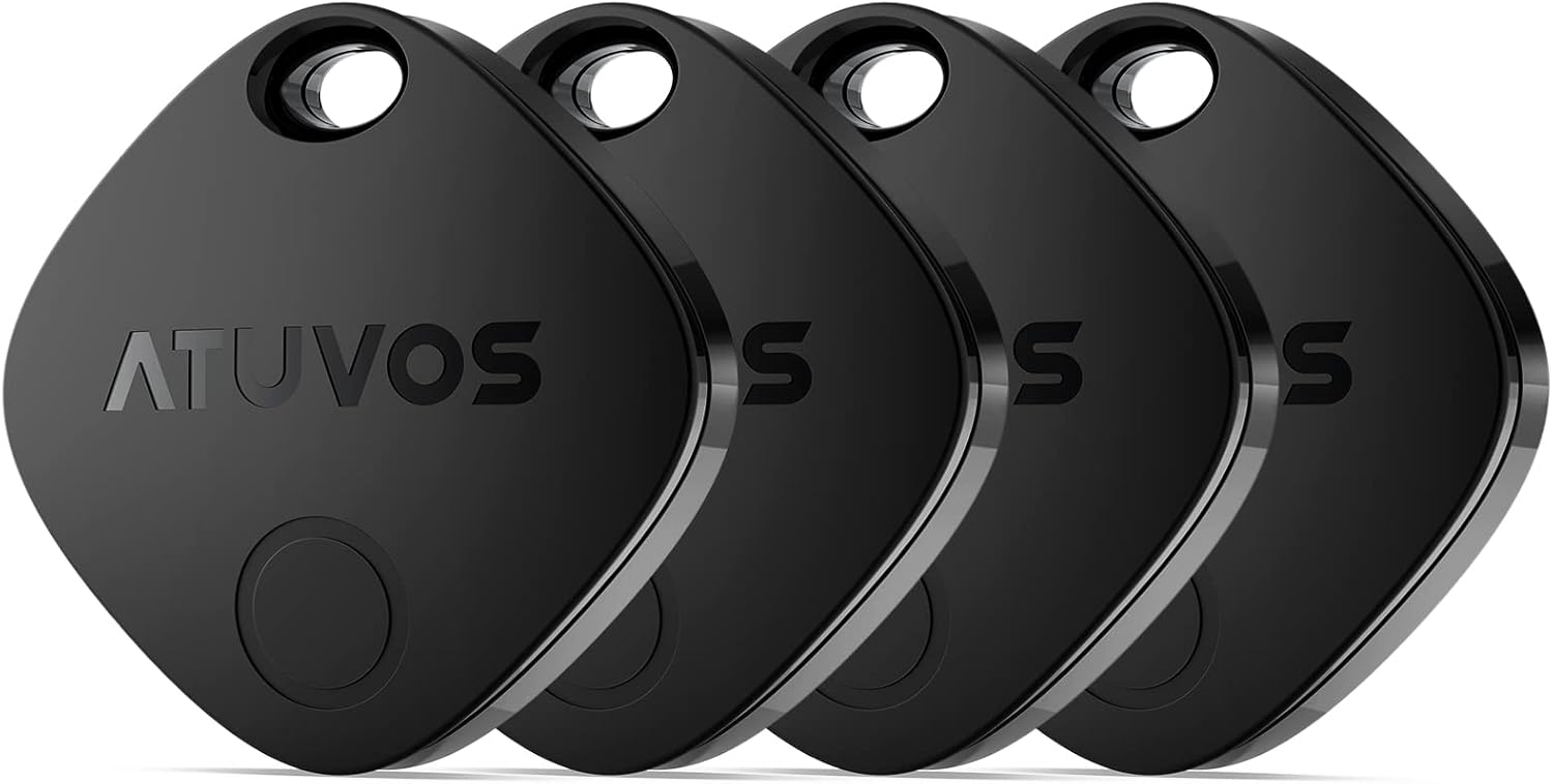 ATUVOS Air Tag Smart Tracker 4 Pieces Black, Bluetooth Find Items Compatible with Apple Where Is (iOS Only, Android Not Supported), Key Locator for Bags, Luggage, Backpacks, Replaceable Battery
