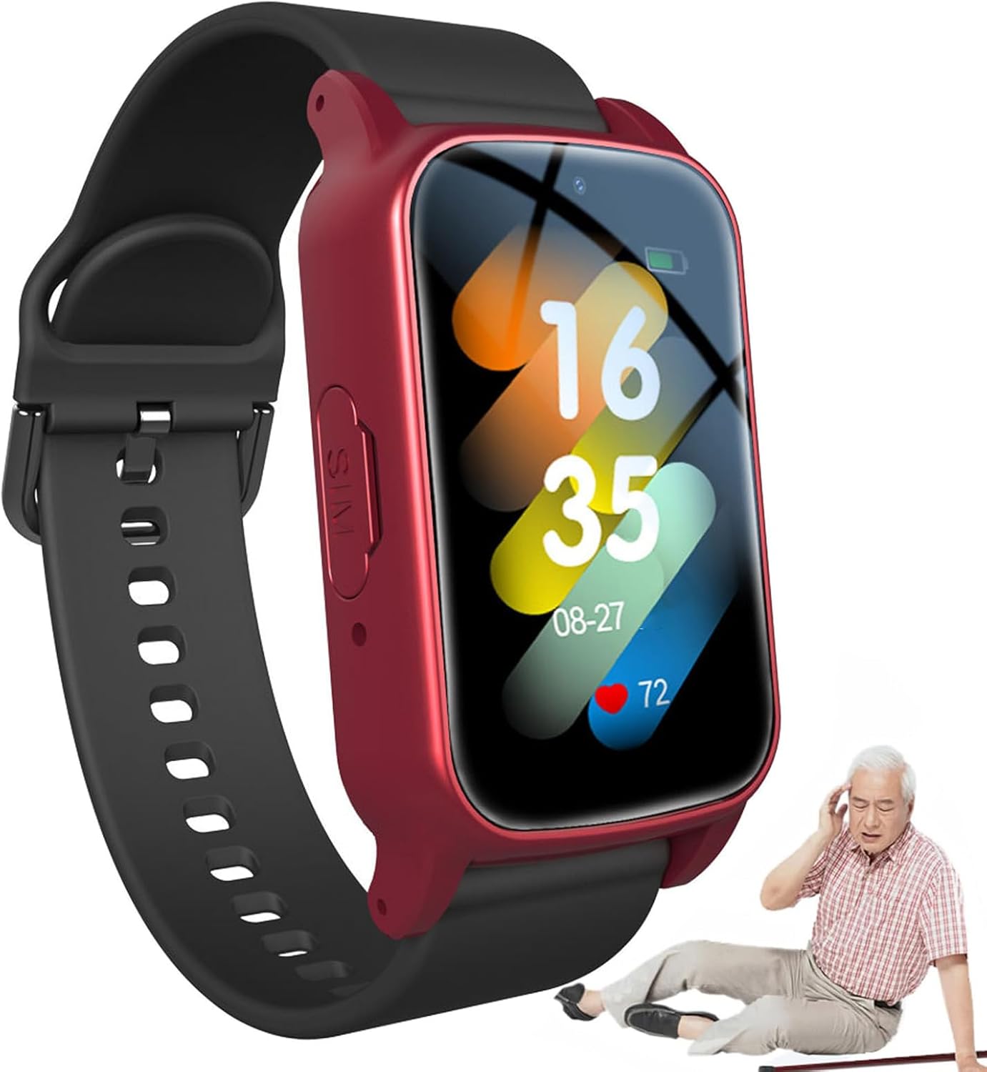 4G SOS Elderly Life Saving Bracelet, GPS Watch for Seniors (Dementia) with Call Function, IP67 Waterproof, SOS Alarm, Smartwatch for Elderly, Red