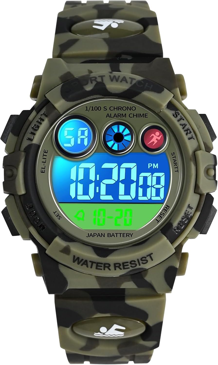 Dayllon Kids Watch Digital Outdoor Sport Waterproof Boys Watches Alarm 12/24H 7 Colorful Backlight Stopwatch for 3-15 Years Gift