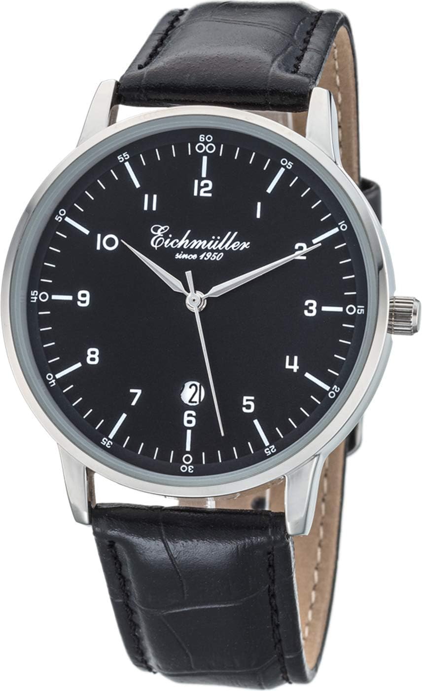 Eichmüller Mens Classic Date Black Leather Strap Analog Watch, strap
