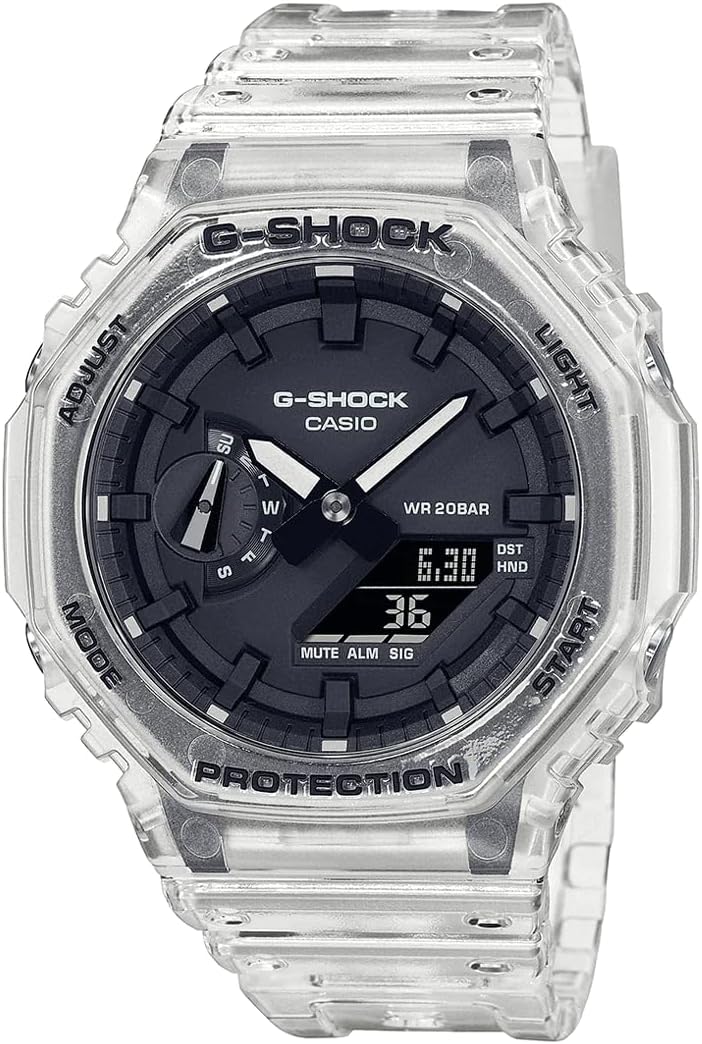 Casio GA-2100SKE-7AER Men's Quartz Watch, 48 mm Case Size with Black Digital Dial and Clear Plastic/Resin Bracelet Strap